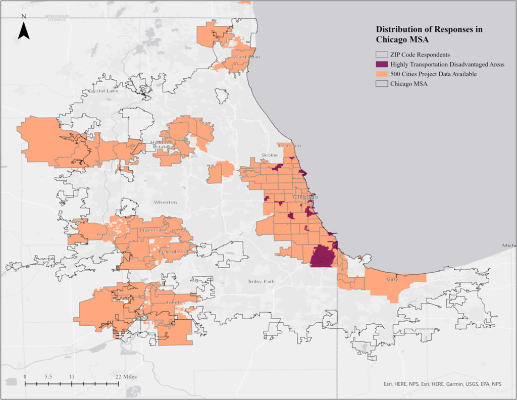 This figure shows the distribution of ZIP codes where survey respondents resided and marks the areas that highly transportation disadvantaged
