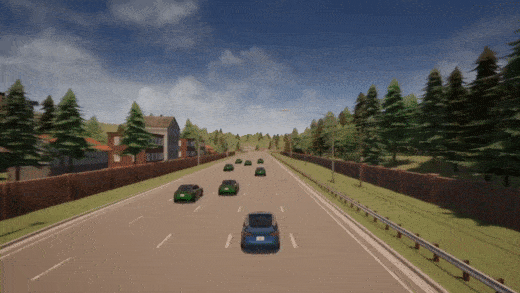 GIF of the Naturalistic and Adversarial Driving Environment in action. It features a blue test vehicle driving down the highway as green, virtual vehicles cut-in to try and test the capabilities of the test vehicle. It avoid all crash scenarios.