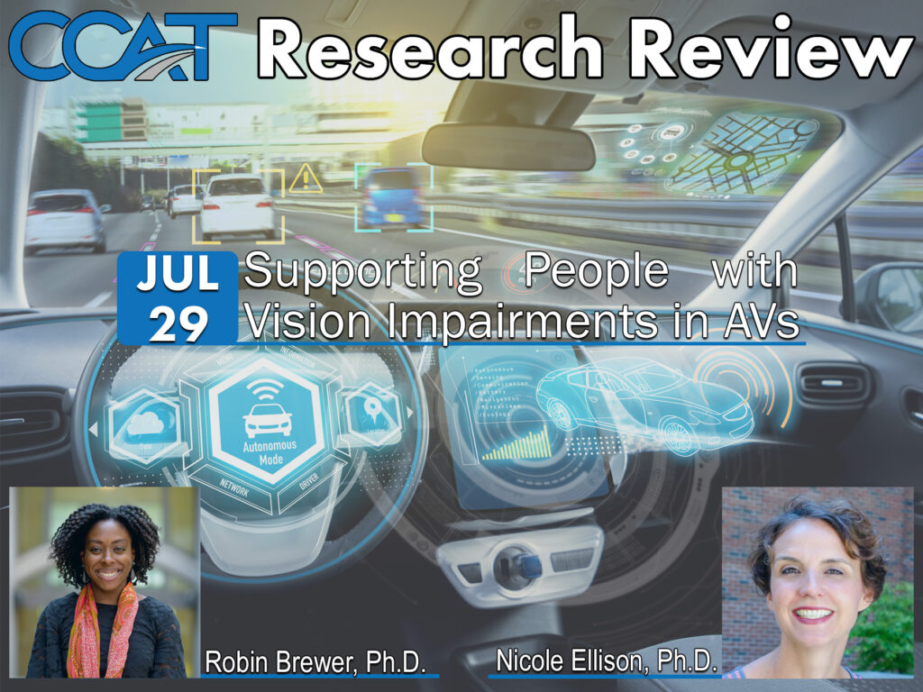 Banner for CCAT Research Review with Robin Brewer and Nicole Ellison. It features their headshots and job titles. The link directs to the VOD of the presentation on YouTube.
