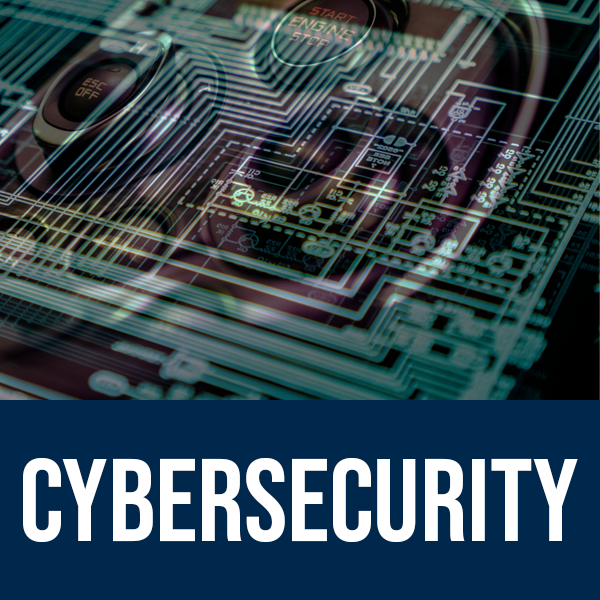 A photo of a vehicle's push to start with a diagram overlaying it and text that reads 'Cybersecurity'. The link directs to all of CCAT's research focused on cybersecurity.