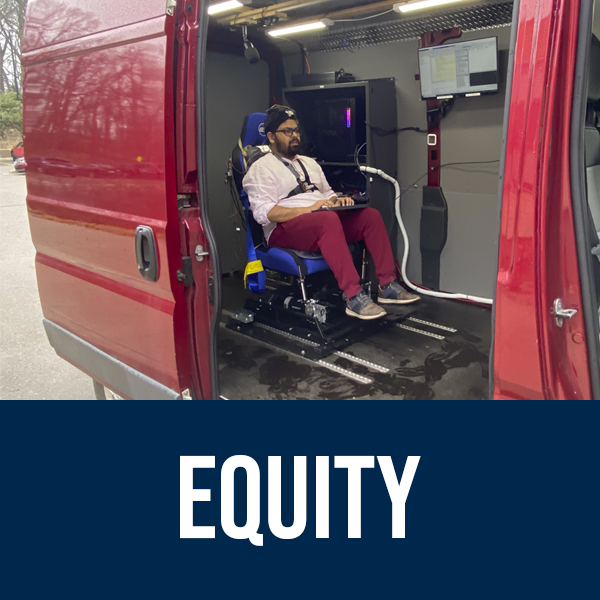 A photo of a researcher sitting in a test van and text that reads 'Equity'. The link directs to all of CCAT's research focused on equity.