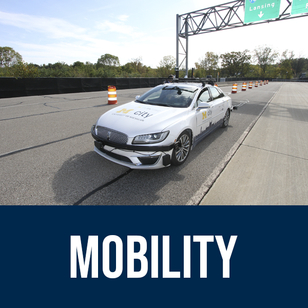 A photo of a research vehicle and text that reads 'Mobility'. The link directs to all of CCAT's research focused on mobility.