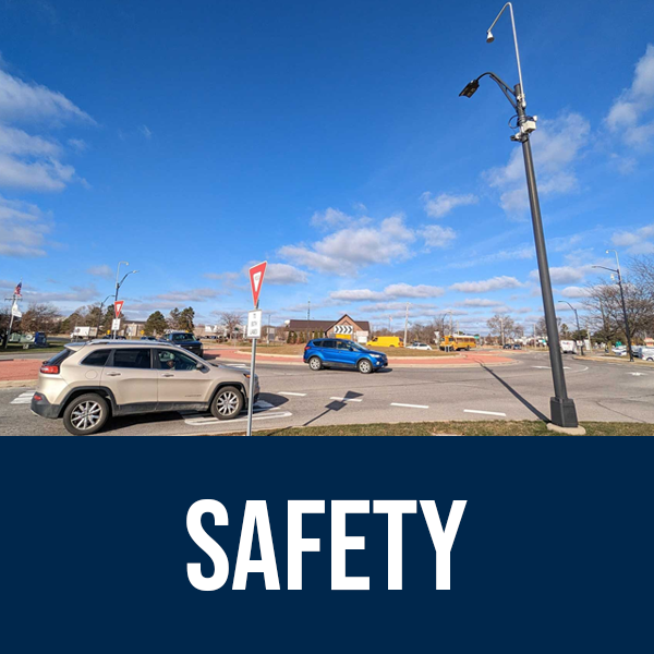 A photo of a roundabout and text that reads 'Safety'. The link directs to all of CCAT's research focused on safety.