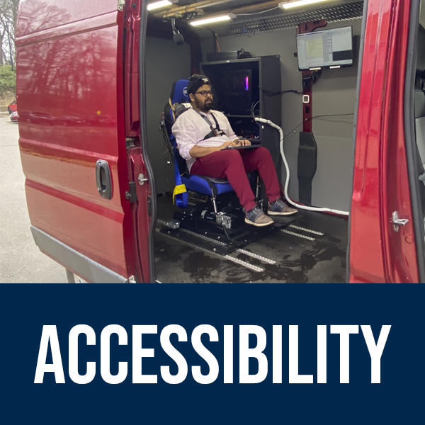 A photo of a researcher sitting in a test van and text that reads 'Accessibility'. The link directs to all of CCAT's research focused on accessibility.