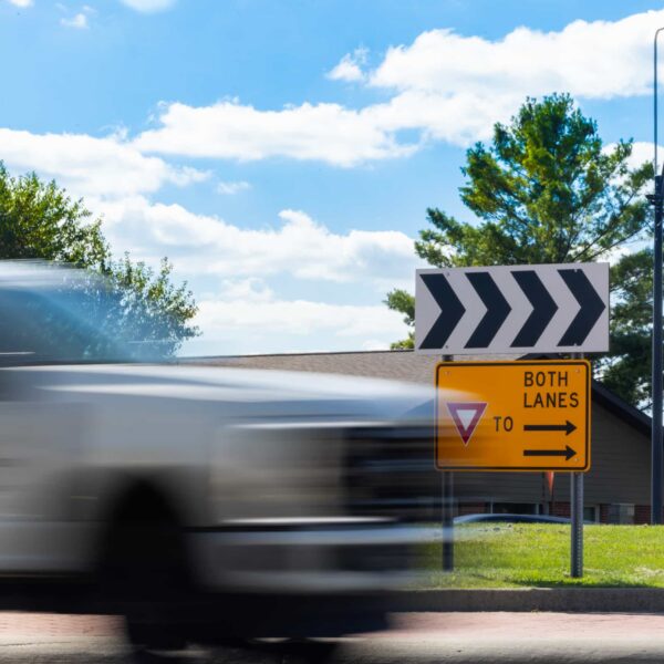 A truck moves through a roundabout